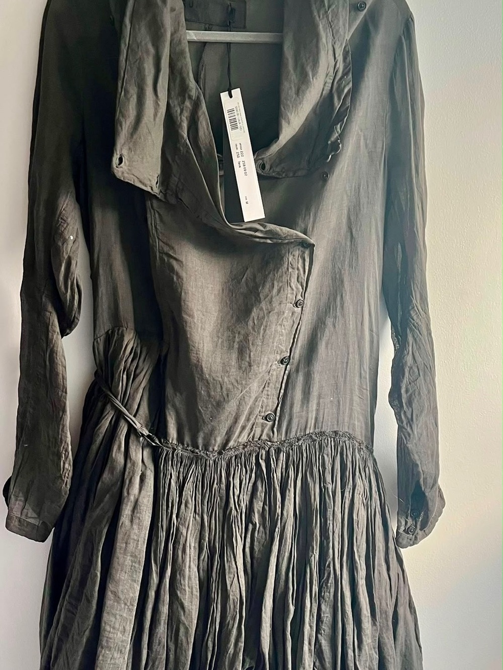 Rundholz Dip Long-Sleeve Olive Green Button-Front Gathered Waist Dress